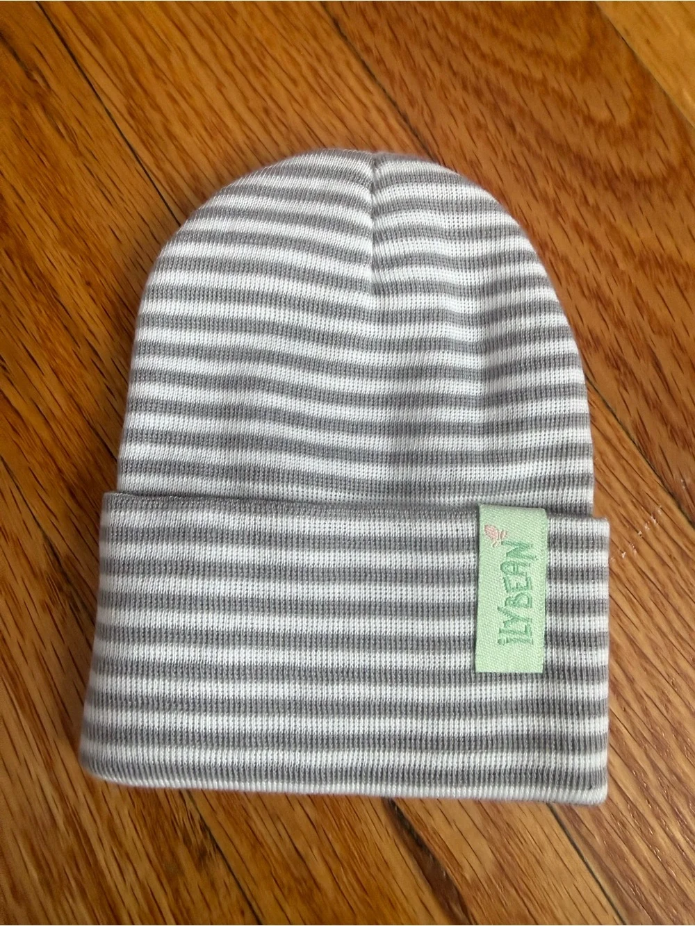 Striped Gray & White Kids Beanie with Crochet Heart
